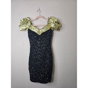 Notorious Vintage 80s Black Gold Sequin Puff Sleeve Mini Cocktail Dress Size 0
